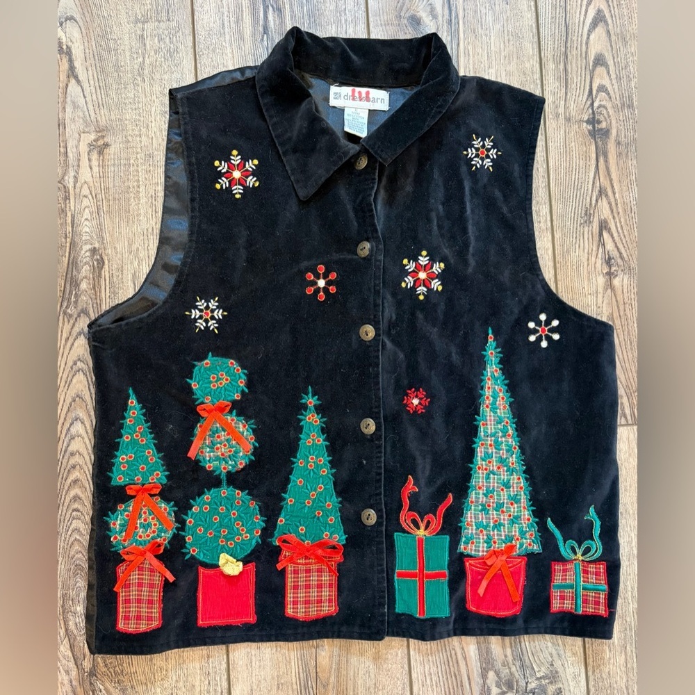 Vintage Dressbarn Christmas Vest Black Velvet Embroidered Holiday Size L